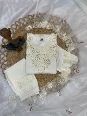 Heavy Viscose Roman Embroidered Straight Kurti Set – White