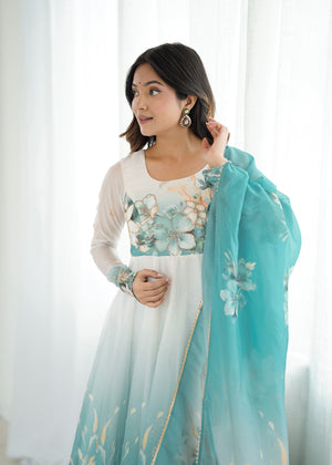 Organza Silk Printed Anarkali Set – Aqua Blue