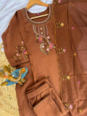 Roman Silk Embroidered Straight Kurti Set – Brown