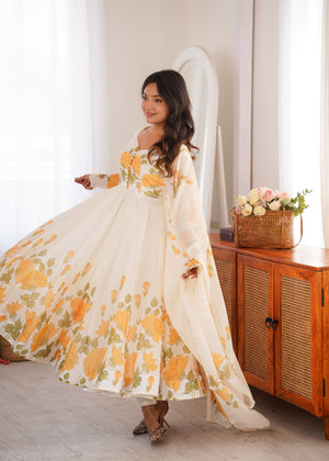 Organza Silk Printed Anarkali Set – Ivory Floral