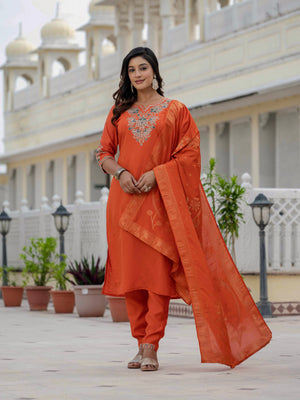 Premium Roman Silk Embroidered Straight Kurti Set – Orange