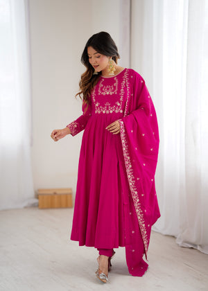 Roman Shimmer Silk Embroidered Anarkali Set – Rani Pink
