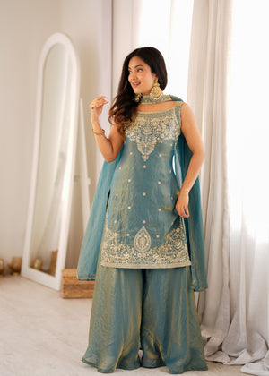 Fendy Silk Embroidered Sharara Set – Slate Blue