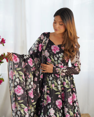 Organza Silk Printed Anarkali Set – Black
