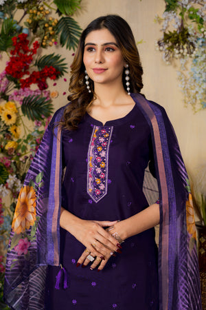Roman Silk Embroidered Straight Kurti Set – Purple