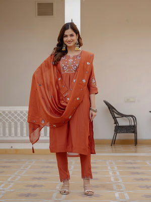 Pure Viscose Mango Silk Embroidered Straight Kurti Set – Rust