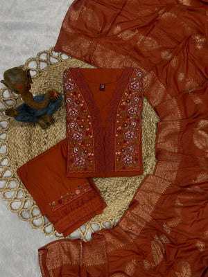 Roman Silk Embroidered Straight Kurti Set – Rust