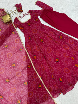 Soft Lightweight Chiffon Bandhej Fabric Inner Micro Cotton Embroidered Anarkali Set – Pink