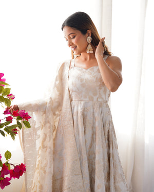Fancy Banarasi Jackquard Dola Silk Fabric Designer Anarkali Set – Ivory