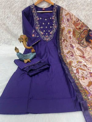 Premium Marina Silk Embroidered Straight Kurti Set – Violet