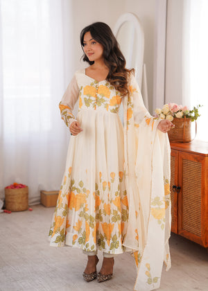 Organza Silk Printed Anarkali Set – Ivory Floral