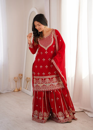 Georgette Embroidered Kurta-Sharara Set – Red