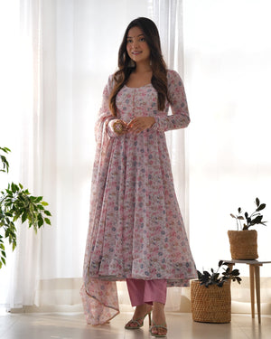 Heavy Orange Chiffon Floral Print Printed Anarkali Set – White Pink