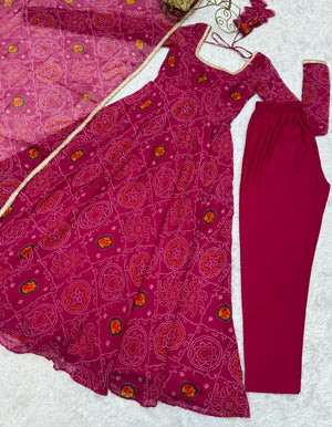 Soft Lightweight Chiffon Bandhej Fabric Inner Micro Cotton Embroidered Anarkali Set – Pink