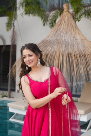 Roman Chanderi Silk Embroidered Anarkali Set – Rani Pink