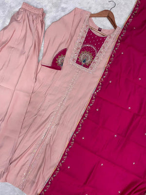 Roman Silk Embroidered Anarkali Kurti Set – Peach