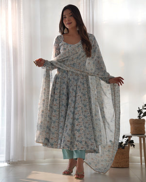 Heavy Orange Chiffon Floral Print Printed Anarkali Set – White Blue