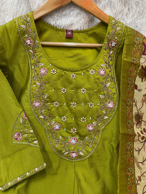 Premium Marina Silk Embroidered Straight Kurti Set – Parrot Green