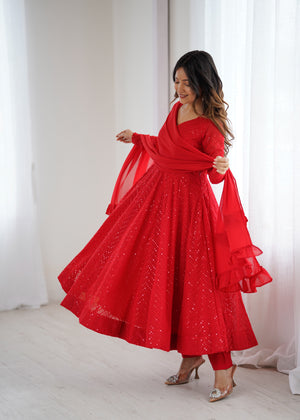 Georgette Embroidered Anarkali Set – Red