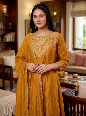 Vichitra Silk Embroidered Kurta Pant Dupatta Set – Gold