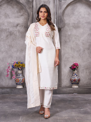 Roman Silk Embroidered Straight Kurti Set – White
