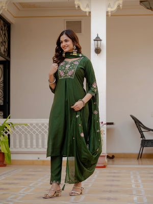 Pure Viscose Mango Silk Embroidered Straight Kurti Set – Green
