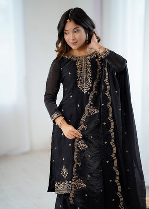 Crunchy Silk Embroidered Kurta-Sharara Set – Black