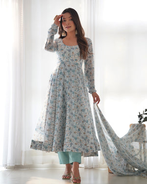 Heavy Orange Chiffon Floral Print Printed Anarkali Set – White Blue