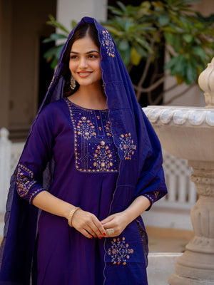 Pure Viscose Mango Silk Embroidered Straight Kurti Set – Violet