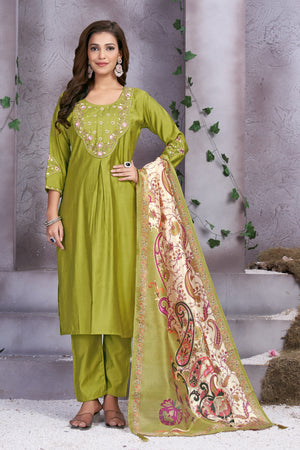 Premium Marina Silk Embroidered Straight Kurti Set – Parrot Green