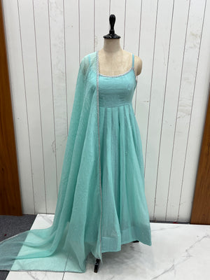 Crunchy Silk Embroidered Anarkali Set – Aqua Blue