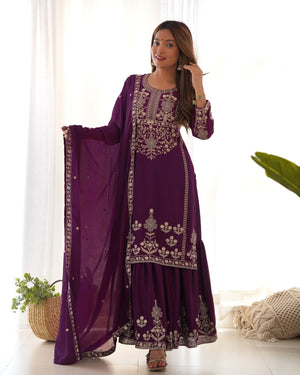 Chinon Silk Embroidered Kurta-Sharara Set – Purple