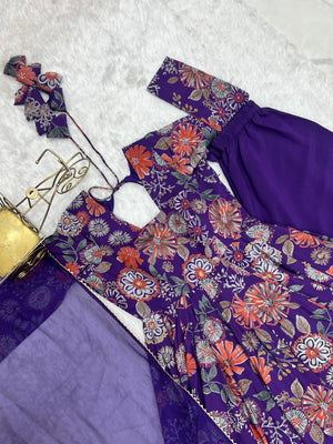 Roman Chanderi Silk Printed Kurta-Palazzo Set – Purple
