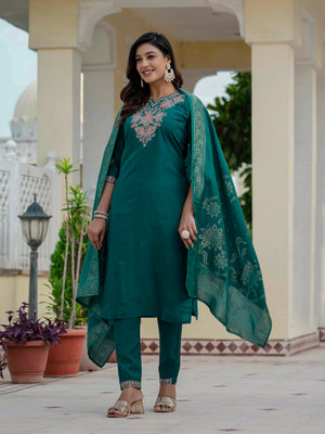 Premium Roman Silk Embroidered Straight Kurti Set – Rama Green