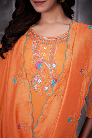 Roman Silk Embroidered Straight Kurti Set – Orange