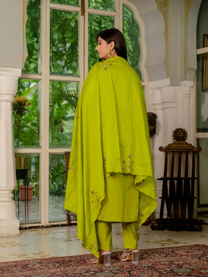 Marina Silk Embroidered Straight Kurti Set – Parrot Green