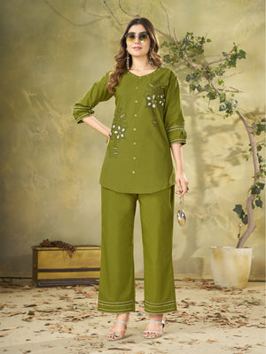 Pure Cotton Embroidered Co-Ords Set – Mehendi
