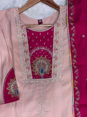 Roman Silk Embroidered Anarkali Kurti Set – Peach