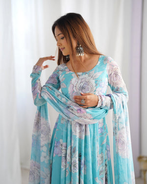 Georgette Printed Gown Set – Sky Blue Floral