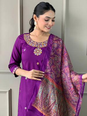 Rayon Slub Embroidered Kurta Pant Dupatta Set – Purple