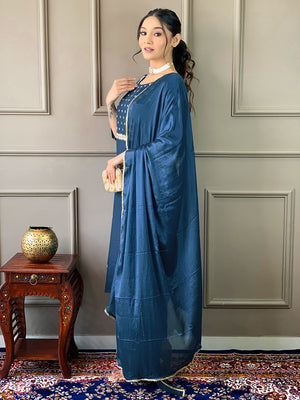 Rayon Slub Embroidered Kurta Pant Dupatta Set – Petrol Blue