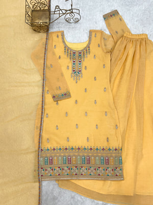 Crunchy Silk Embroidered Kurta-Sharara Set – Yellow