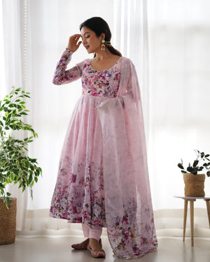 Organza Silk Printed Anarkali Set – Pink