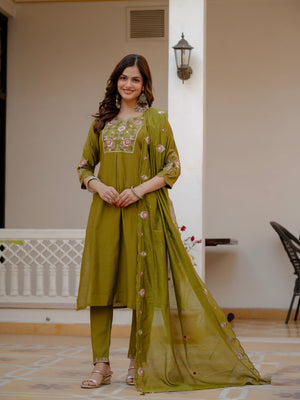 Pure Viscose Mango Silk Embroidered Straight Kurti Set – Mahendi Green