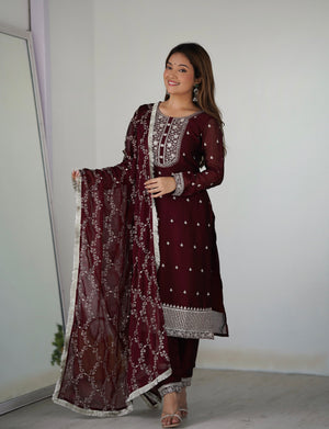 Rangoli Silk Embroidered Straight Kurta Set – Maroon