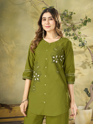 Pure Cotton Embroidered Co-Ords Set – Mehendi
