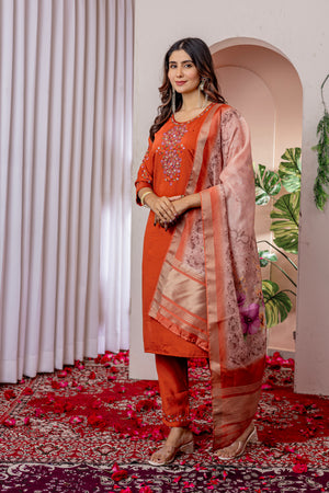 Viscose Silk Embroidered Straight Kurti Set – Orange