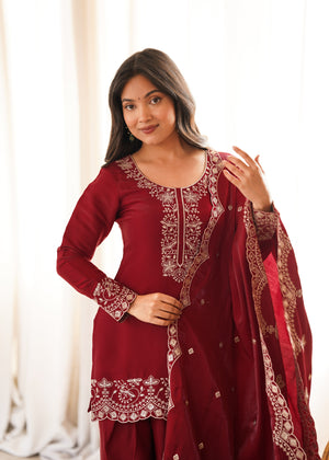 Glass Roman Silk Embroidered Kurta-Farshi Set – Maroon