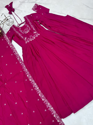Roman Shimmer Silk Embroidered Anarkali Set – Rani Pink
