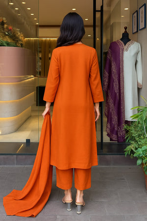 Rayon Slub Embroidered Kurta Pant Dupatta Set – Orange